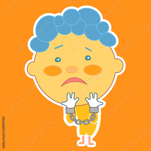 Handcuffed man that is showing his hands, arrested female criminal suspect about to go to jail, ashamed guy under custody in handcuffs, simple colored emoticon, vector art