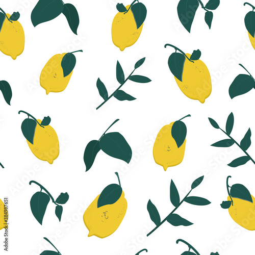 Seamless pattern with lemons and branches. Vector illustration isolated on white background.