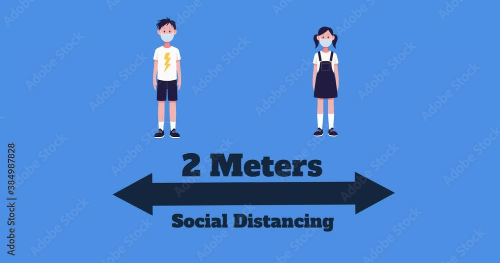 Boy and girl wearing face mask icons maintaining social distancing against blue background