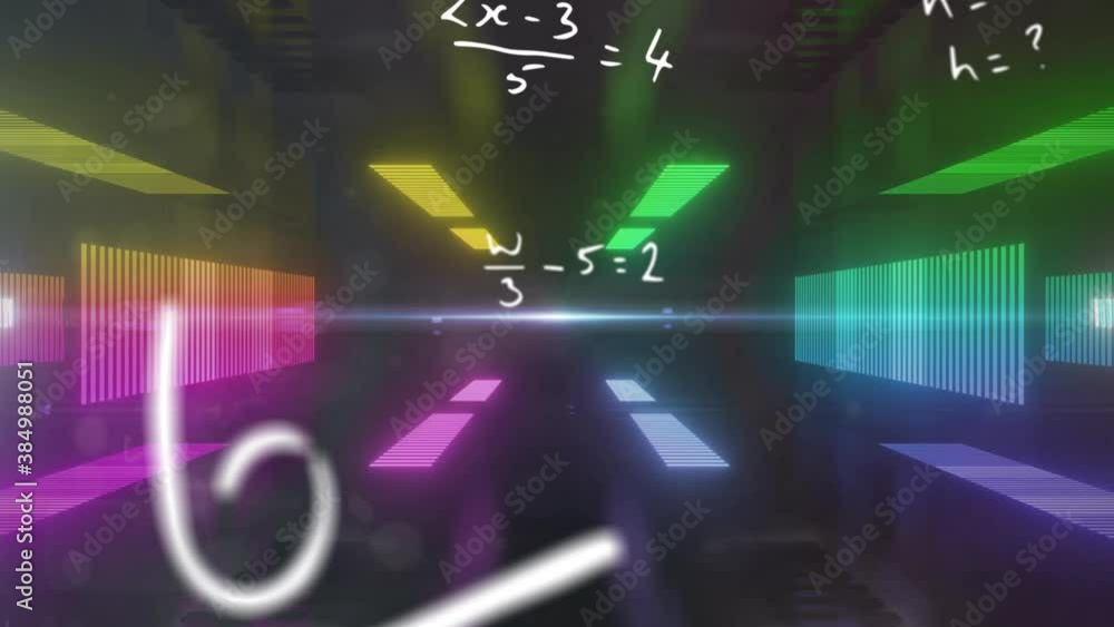 Mathematical equations floating against glowing tunnel Mathematical equations floating against glowing tunnel
