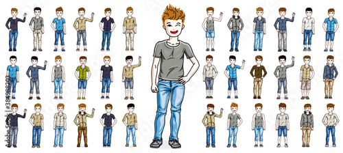 Cute little child boys early teenagers in different casual wear standing in full length and posing vector illustrations isolated big set, happy beautiful kids drawings collection, people diversity.