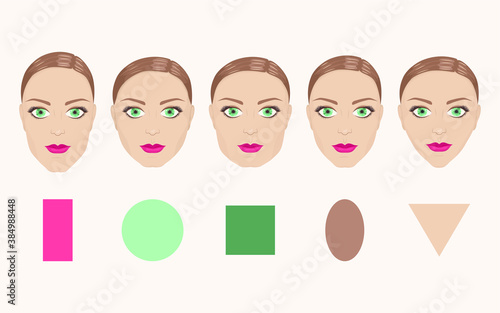 Set of types of face illustrations. 10 eps design. Collection of females head illustrations. Beauty template.