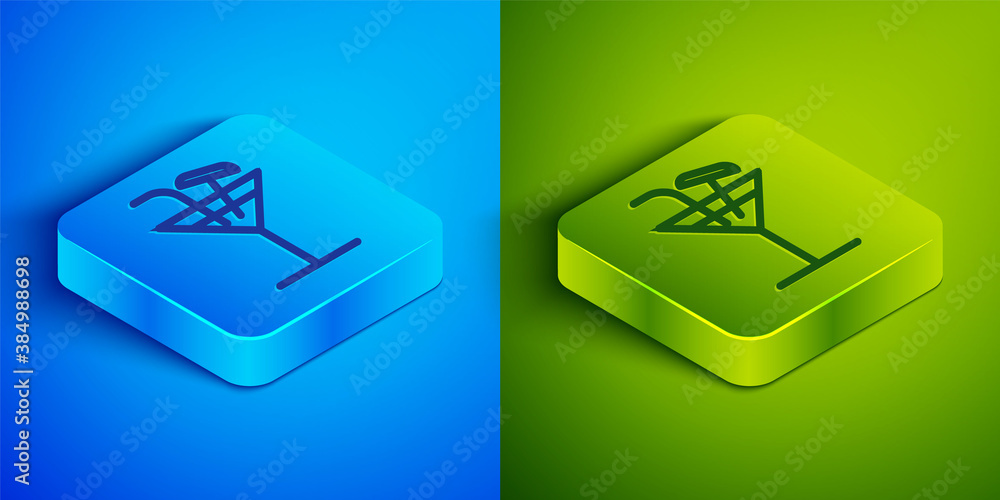 Isometric line Cocktail icon isolated on blue and green background. Square button. Vector Illustration. Isometric line Cocktail icon isolated on blue and green background. Square button. Vector Illustration.