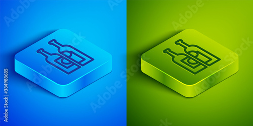 Isometric line Bottles of wine icon isolated on blue and green background. Square button. Vector Illustration.