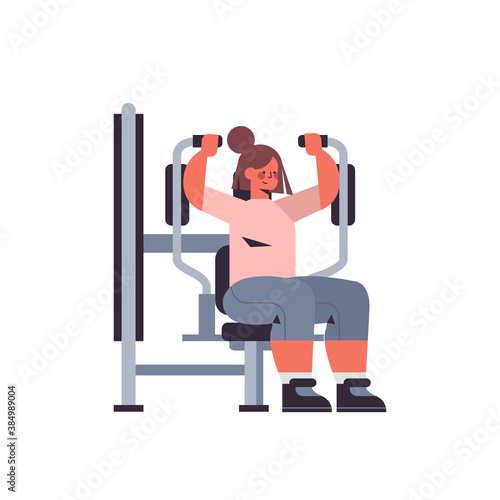 sportswoman exercising on training apparat girl doing physical exercises working out in gym healthy lifestyle concept full length vector illustration