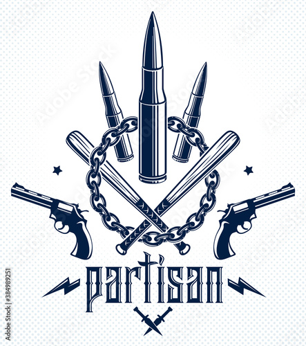 Revolution and War vector emblem with bullets and guns, logo or tattoo with lots of different design elements, riot partisan warrior, criminal and anarchist style, social tension theme.