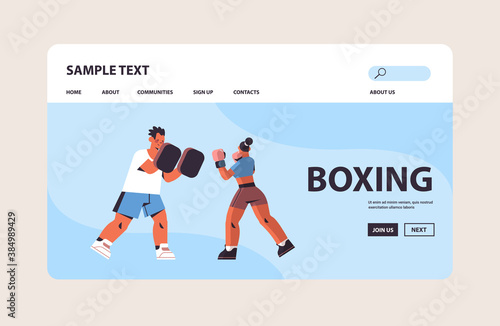 female boxer practicing boxing exercises with male trainer healthy lifestyle boxing concept horizontal copy space full length vector illustration