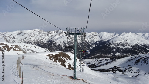 Mart 2015. Andorra. Ski resort GrandVallira. Views of the Pyrenees mountains. Ski cabins with skiers. Rest with the whole family and friends. © Liudmila Puchinskaia
