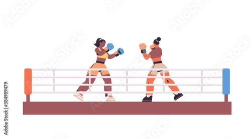 mix race boxers fighting on ring arena dangerous sport competition training concept two women boxing together horizontal full length vector illustration