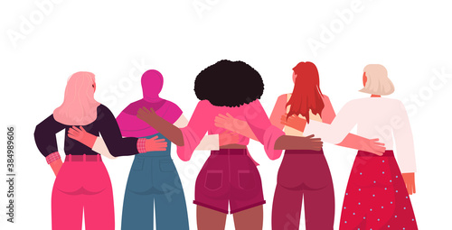 mix race girls standing together female empowerment movement women power concept portrait rear view horizontal vector illustration