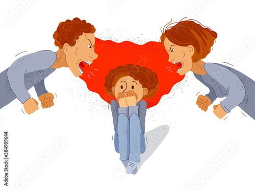 Parents abusers screams and shout on scared little kid boy their son, abusive parents domestic violence, psychological violence abuse, child victim trauma, vector cartoon.