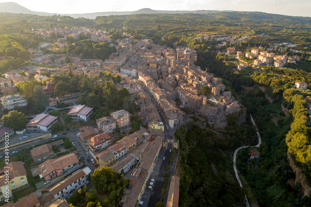 Obraz premium Aerial view of Ronciglione a village in Viterbo. Street houses and a beautiful landscape