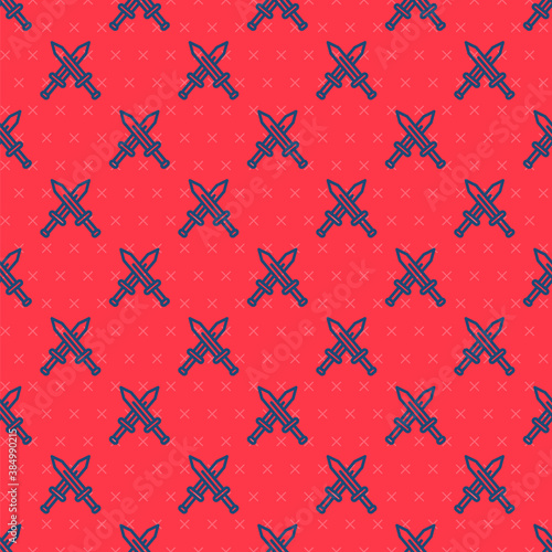 Blue line Crossed medieval sword icon isolated seamless pattern on red background. Medieval weapon. Vector.