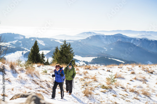 Senior couple with nordic walking poles hiking in snow-covered winter nature. © Halfpoint