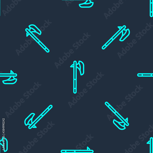 Green line Medieval axe icon isolated seamless pattern on blue background. Battle axe, executioner axe. Medieval weapon. Vector.