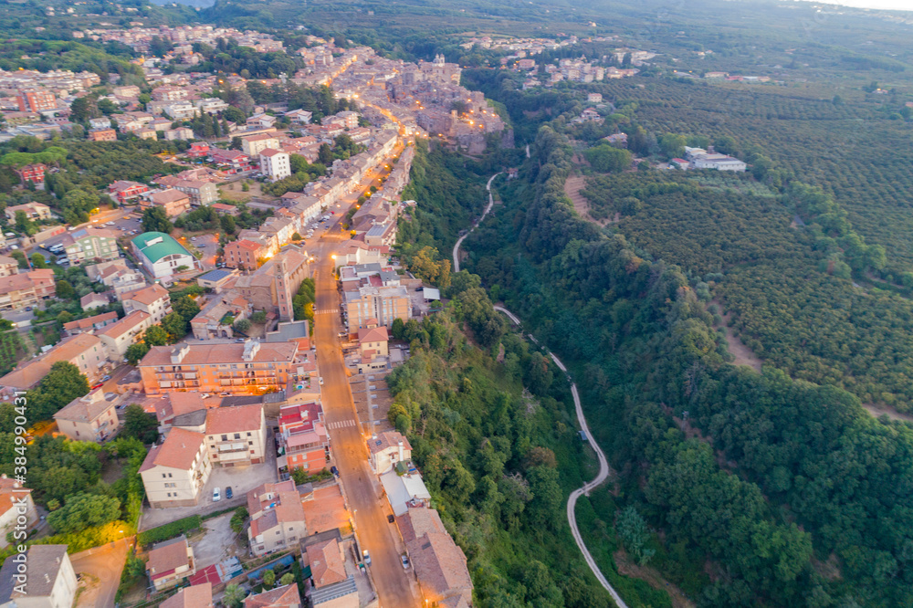 Obraz premium Aerial view of Ronciglione a village in Viterbo. Street houses and a beautiful landscape