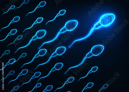 Futuristic glowing low polygonal human sperm cells on dark blue background.