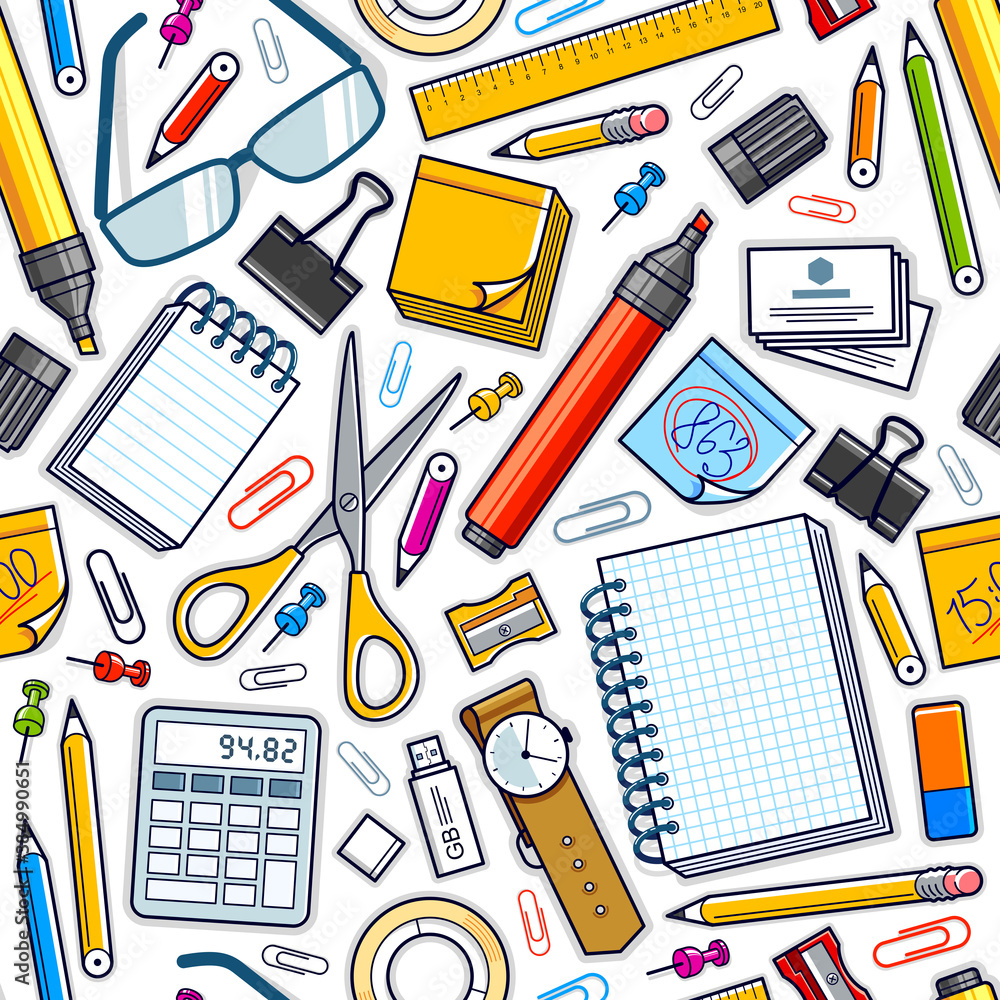 Work office desk top view with a lot of different stationery elements seamless vector wallpaper, business job theme image with diversity objects illustrations pic. Work office desk top view with a lot of different stationery elements seamless vector wallpaper, business job theme image with diversity objects illustrations pic.