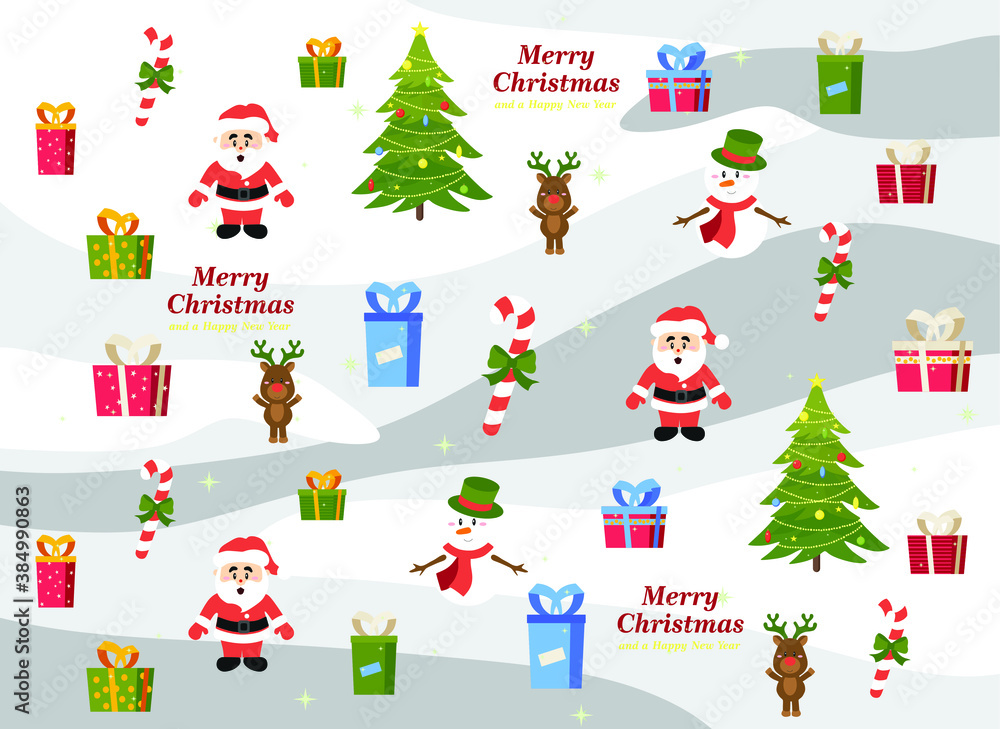 Christmas background, decorated Christmas tree with garlands, toys and balls, Christmas gifts and santa claus, deer, snowman