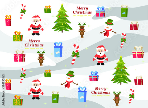 Christmas background  decorated Christmas tree with garlands  toys and balls  Christmas gifts and santa claus  deer  snowman