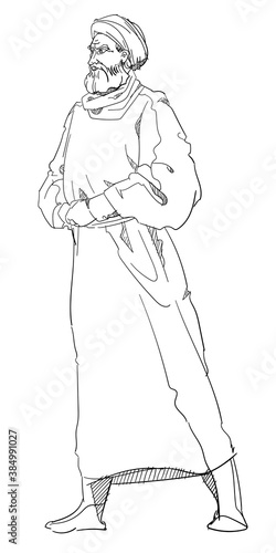 Islamic scholar character men religious leader standing hand drawing sketch white isolated background