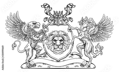 A crest coat of arms family shield seal featuring griffin, Pegasus winged horse and lion