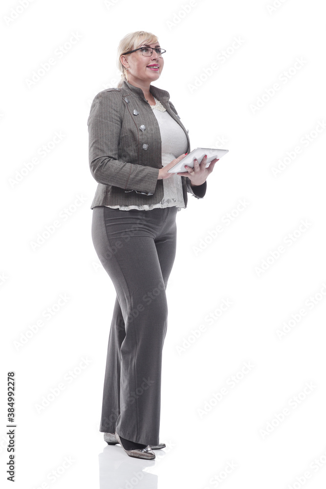 business woman with a digital tablet. isolated on a white business woman with a digital tablet. isolated on a white