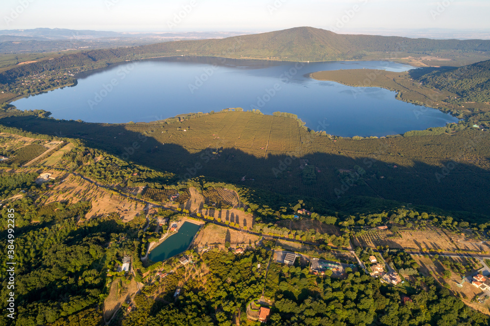 Aerial view of Lake Vico in Viterbo. Flying over water, nature and a wonderful landscape