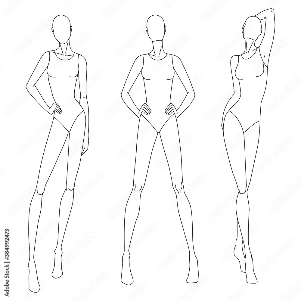 Technical drawing of woman's figure. Vector thin line girl model ...