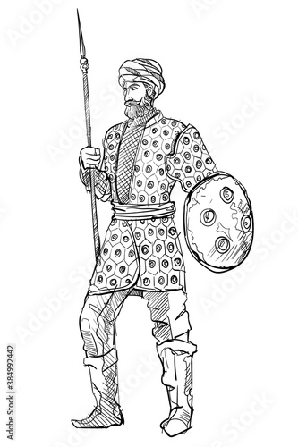 Islamic fighter warrior india hold spear shield hand drawing sketch white isolated background