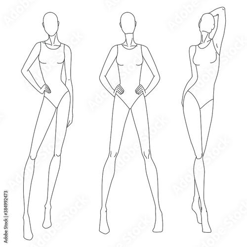 Technical drawing of woman's figure. Vector thin line girl model template for fashion sketching. Woman's body poses. The position of the hand at the waist and walking on runway. Separate layers.