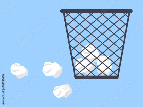 Crumpled paper inside and around office bin. Trash or garbage inside bin. Paper in trash can. Litter bin for thrown sheets of paper, garbage net basket. Vector cartoon illustration of isolated bin
