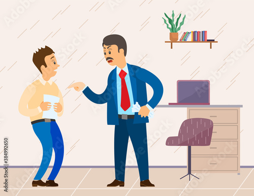 Swearing boss shouting at confused employee, office worker made mistake, failure in document, report, angry businessman or director swearing unorganized guy manager, conflict of head and worker