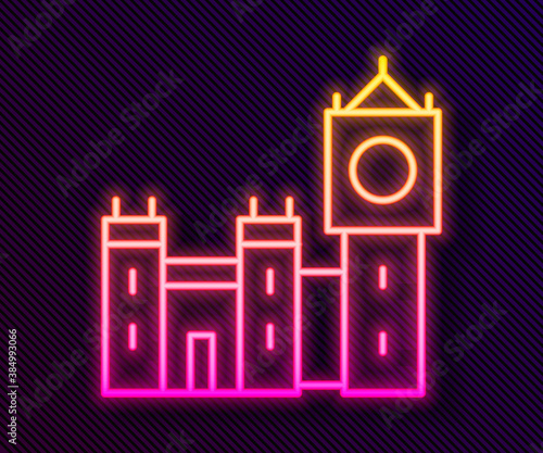 Glowing neon line Big Ben tower icon isolated on black background. Symbol of London and United Kingdom. Vector.
