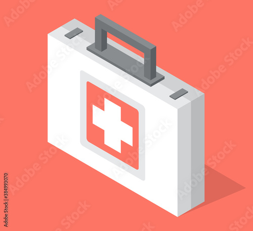 First aid kit isolated at red background, medical icon, cartoon vector style, suitcase with medical equipment. Square suitcase with cross. Healthcare treatment. Container for medical tools, equipment