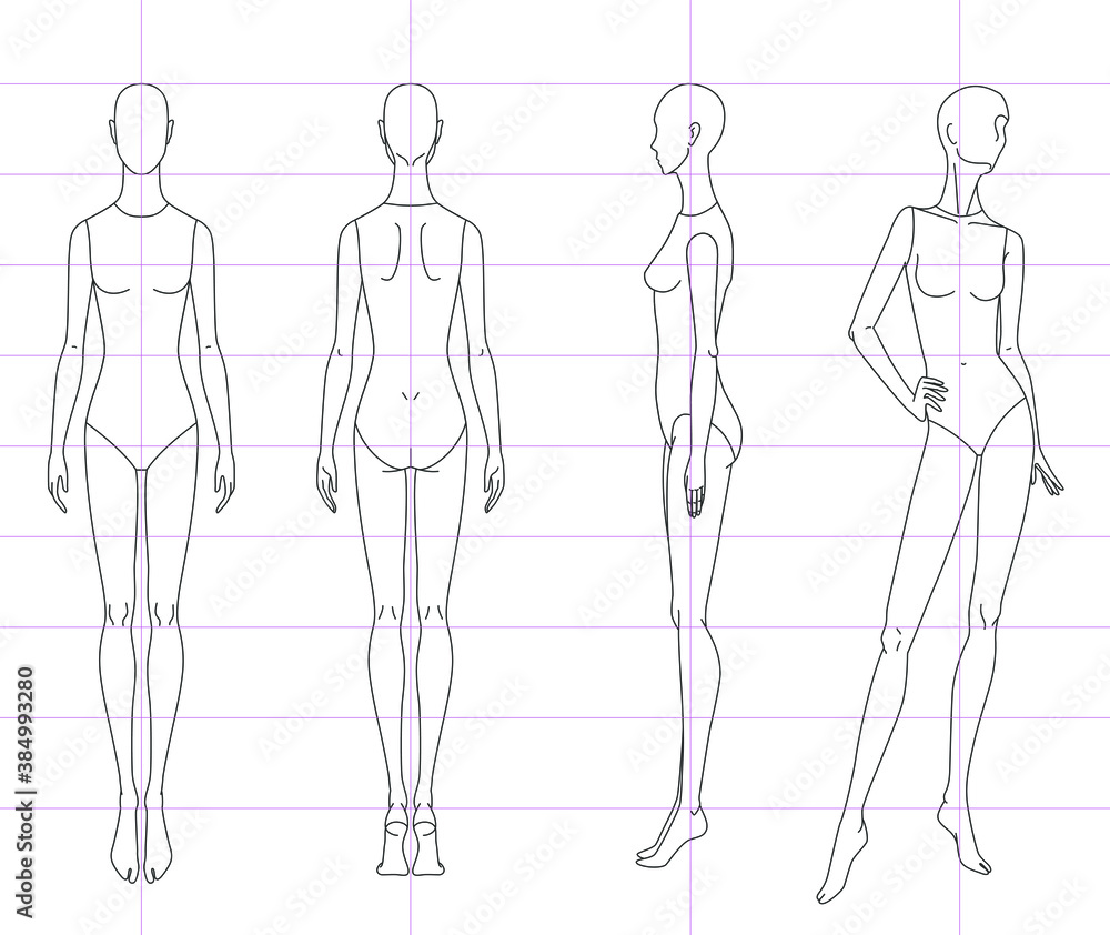 Technical drawing of woman's figure sketch. Vector thin line girl model ...