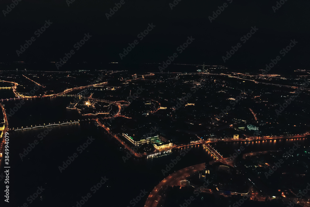 Aerial Townscape of Saint Petersburg City at Night. Kalininsky District