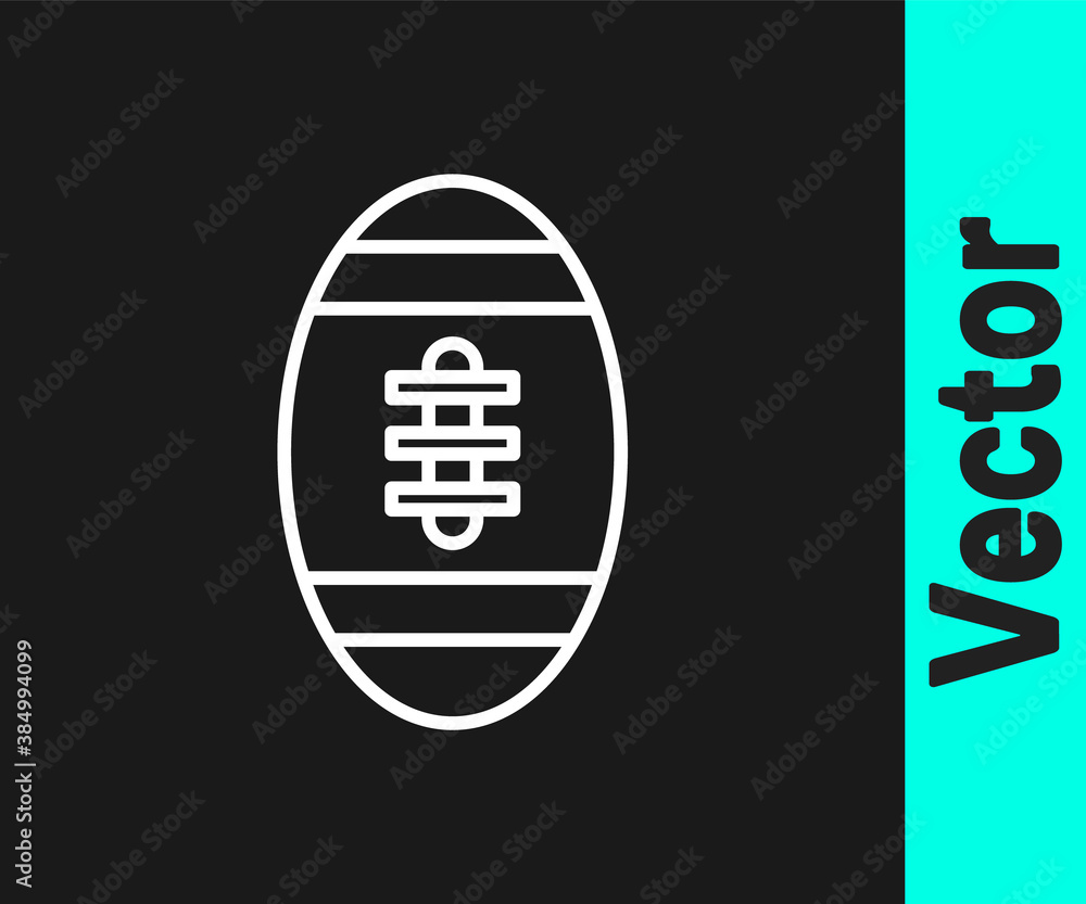 White line American Football ball icon isolated on black background. Rugby ball icon. Team sport game symbol. Vector. White line American Football ball icon isolated on black background. Rugby ball icon. Team sport game symbol. Vector.