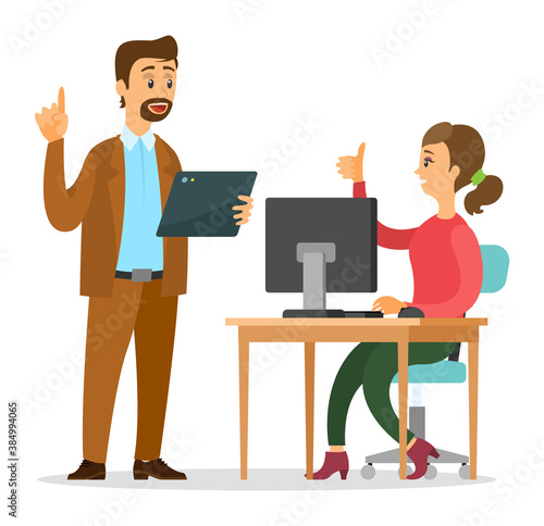 Businesspeople communicating, two talking colleagues in office, woman with computer sitting at table and show thumb up to boss, man offer a deal to partner, holding digital tablet, discussing project