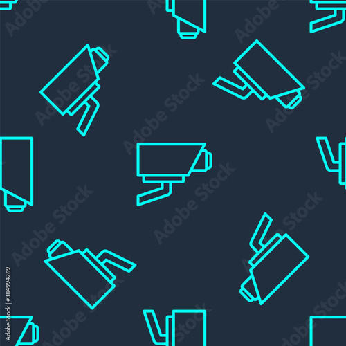 Green line Security camera icon isolated seamless pattern on blue background. Vector.