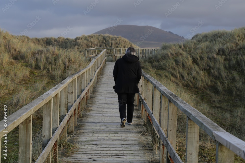 A person walking along the wooden boardwalk between the sand dunes at Dyffryn Ardudwy, Gwynedd, Wales, UK.