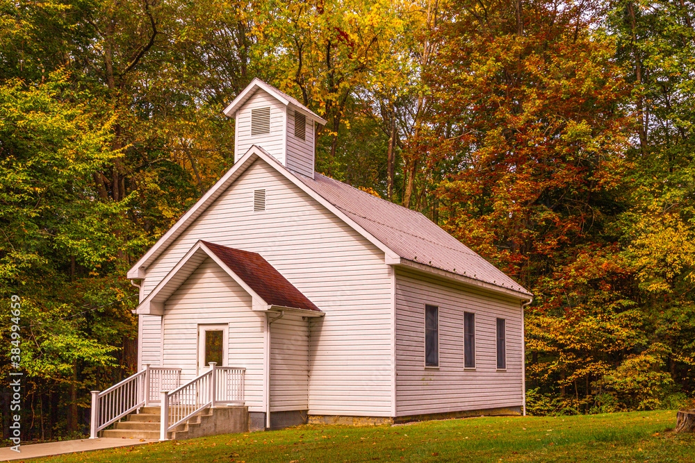 White Church in the middle of the forest.