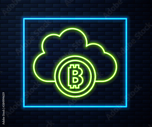 Glowing neon line Cryptocurrency cloud mining icon isolated on brick wall background. Blockchain technology, bitcoin, digital money market, cryptocoin wallet. Vector.