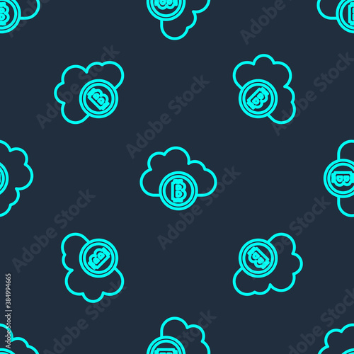 Green line Cryptocurrency cloud mining icon isolated seamless pattern on blue background. Blockchain technology, bitcoin, digital money market, cryptocoin wallet. Vector.