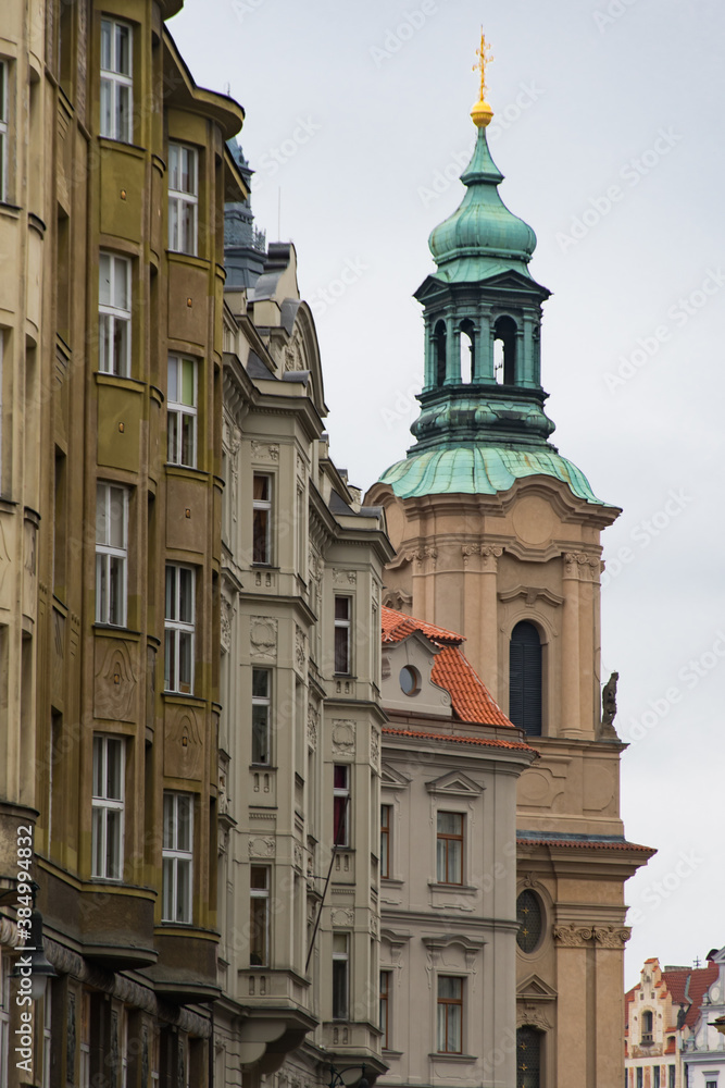 Prague facades and bell tower