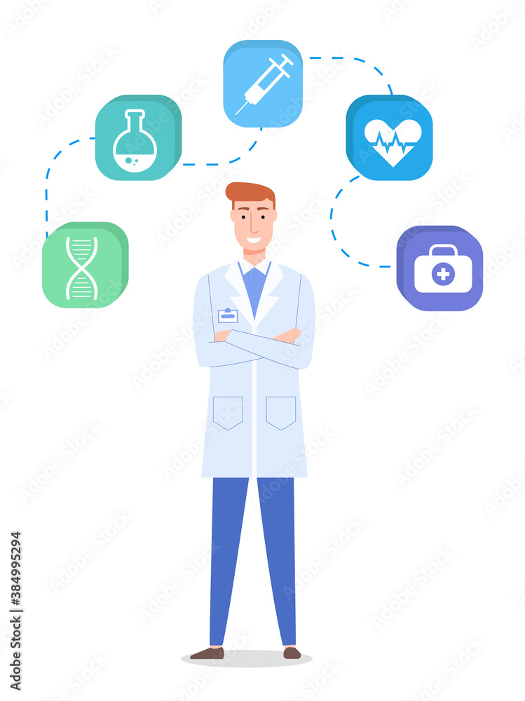 Concept of medical web icons. Smiling doctor wearing medical gown. Medicine icons for website dna, flask, syringe, heart, cardiogram, first aid. Healthcare and treatment. Collection of medic images Concept of medical web icons. Smiling doctor wearing medical gown. Medicine icons for website dna, flask, syringe, heart, cardiogram, first aid. Healthcare and treatment. Collection of medic images