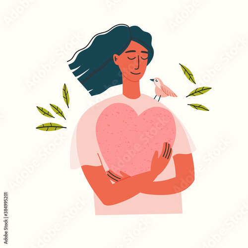 Vector illustration of a girl portrait. Girl in blue pants and beige blouse holding a heart. Hand-drawn illustration of mental health. Self-love. Peace of mind.