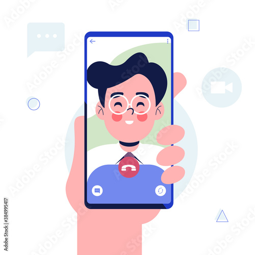 Video call concept. Hand holding Smartphone with man on screen. Mobile phone in hand. Isolated on white background. Flat design vector illustration