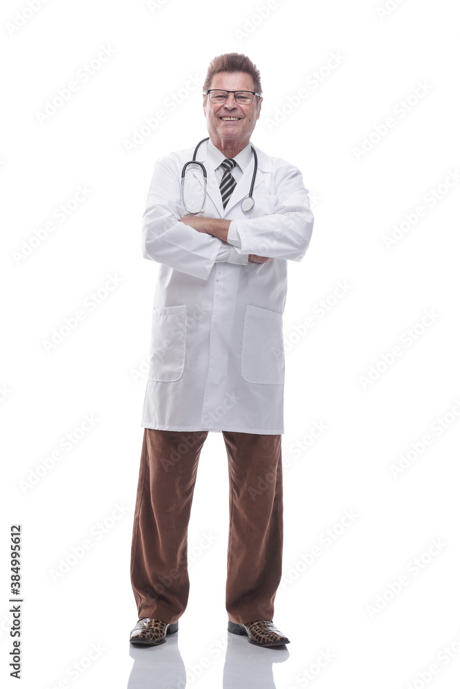 in full growth. friendly therapist with a stethoscope in full growth. friendly therapist with a stethoscope