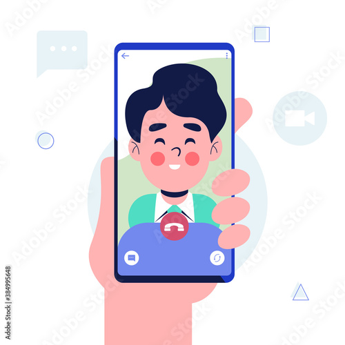 Video call concept. Hand holding Smartphone with man on screen. Mobile phone in hand. Flat design vector illustration
